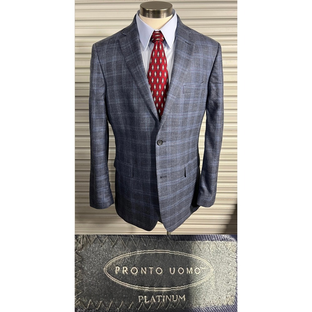 Pronto Uomo Platinum Mens 42 Long Blue Plaid Wool Silk Linen Blazer Sport‎ Coat